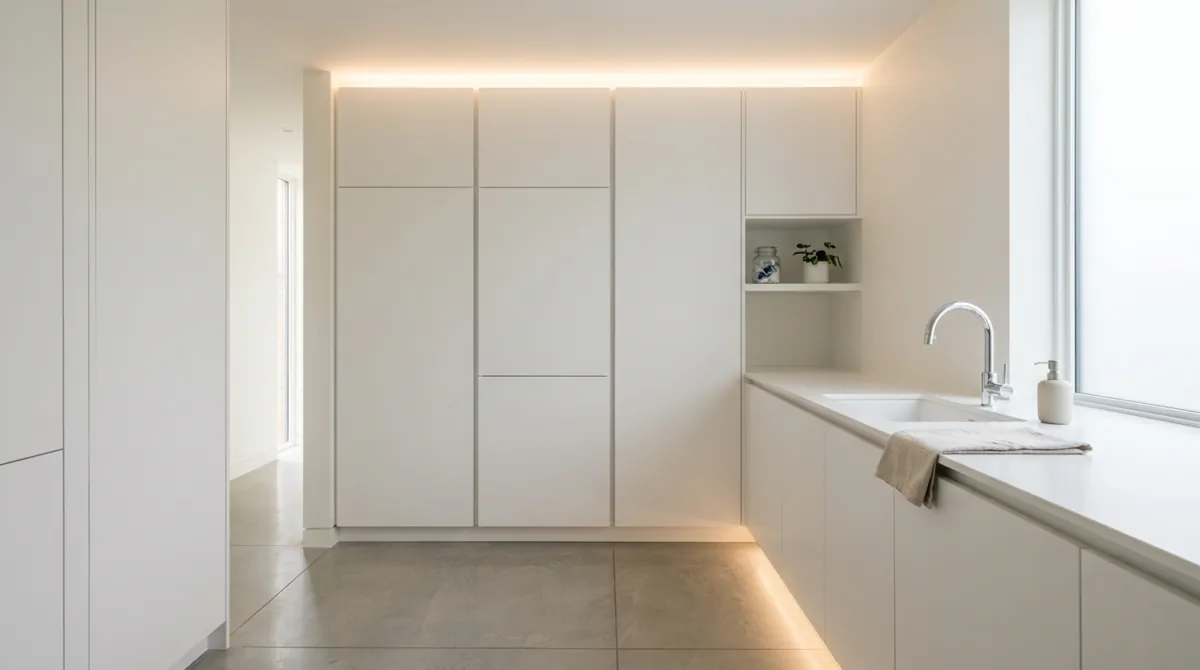 Minimalist laundry room with seamless white cabinetry, hidden washer dryer, integrated sink, and LED lighting.