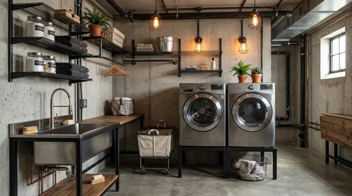 Industrial laundry room with concrete walls, black metal shelving, exposed pipes, and stainless appliances.