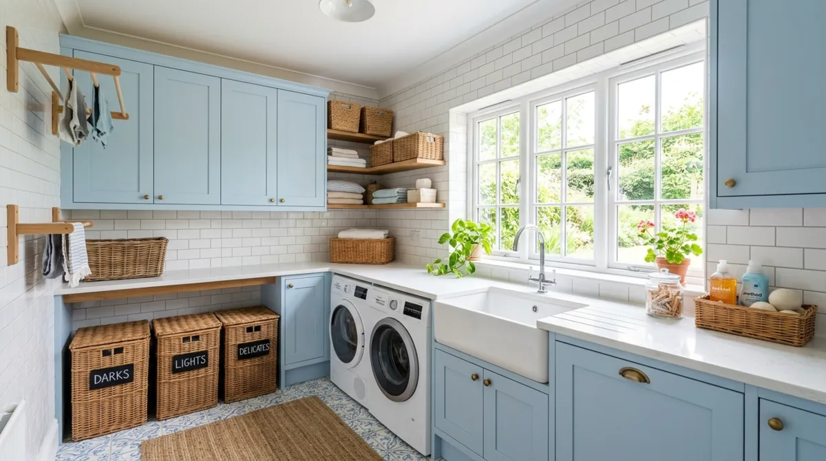 Bright laundry room with pastel blue cabinets, white tile walls, large window, and wicker baskets.