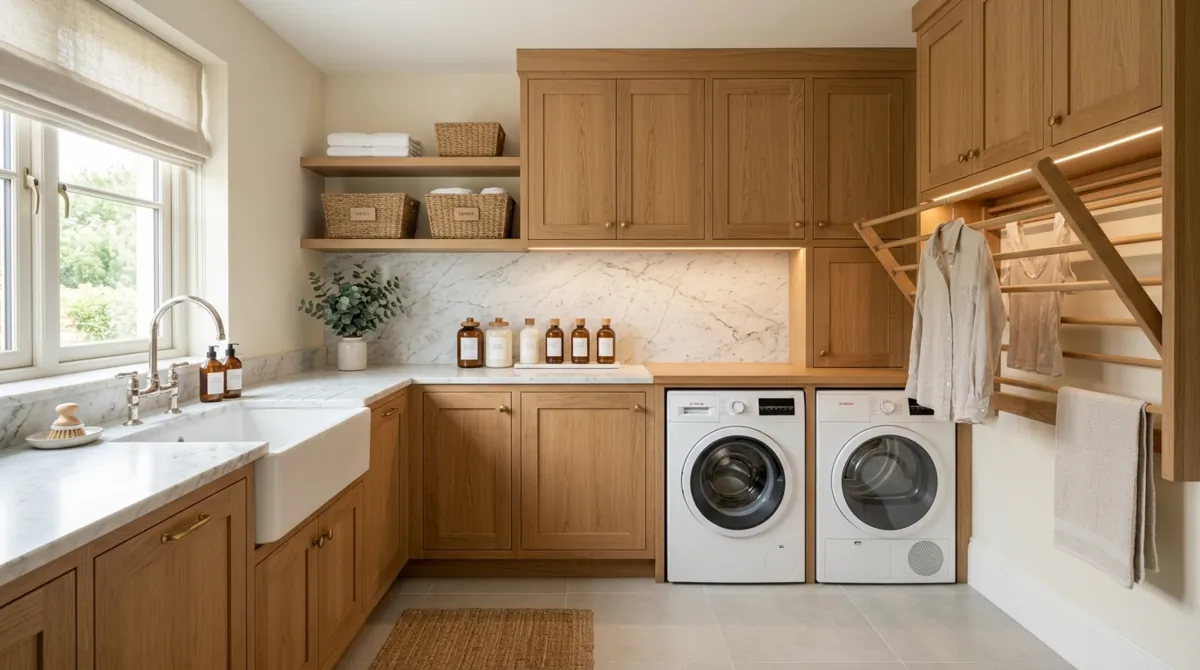 Elegant laundry room with oak cabinetry, marble backsplash, under-cabinet lighting, and drying racks.