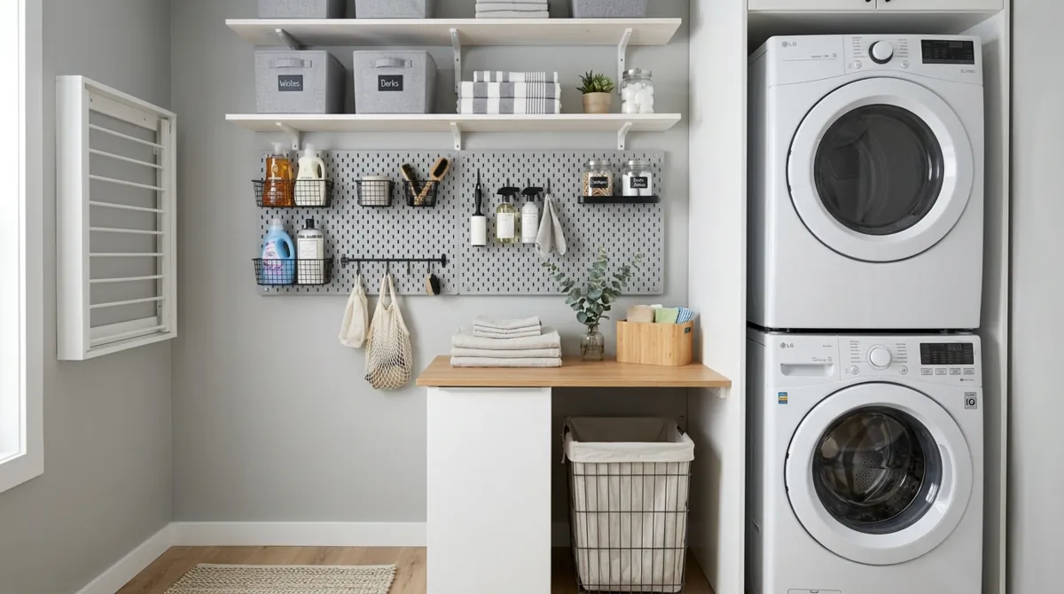 Small modern laundry area with stacked appliances, pegboard organization, floating shelves, and compact folding counter.