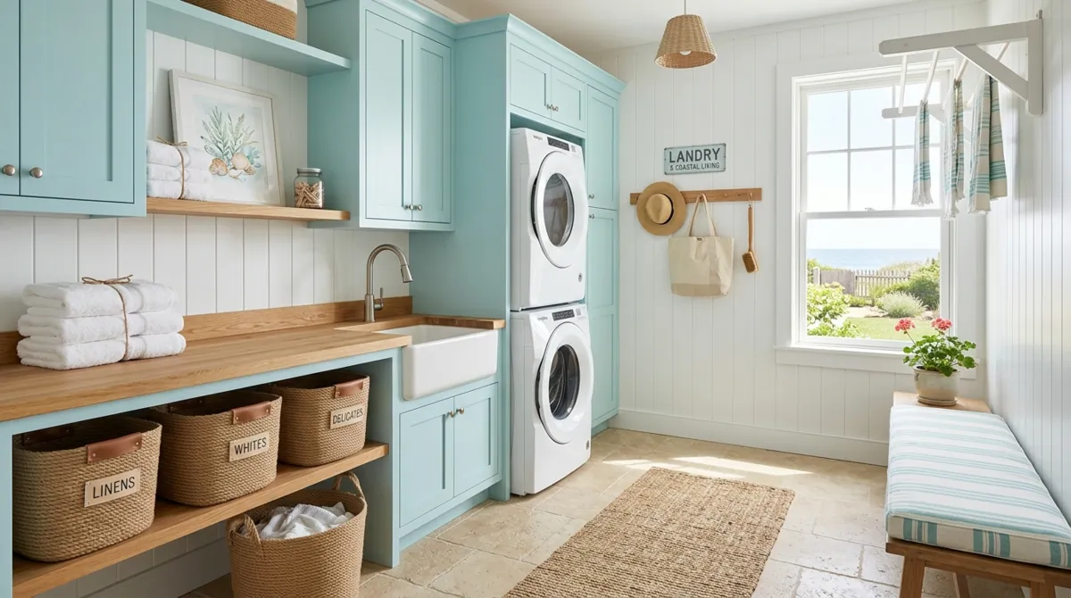 Coastal laundry room with aqua cabinets, beadboard walls, rope baskets, sandy tile floor, and breezy light.