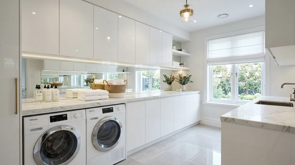 High-end laundry room with glossy white cabinets, mirrored backsplash, smart appliances, and marble counter.