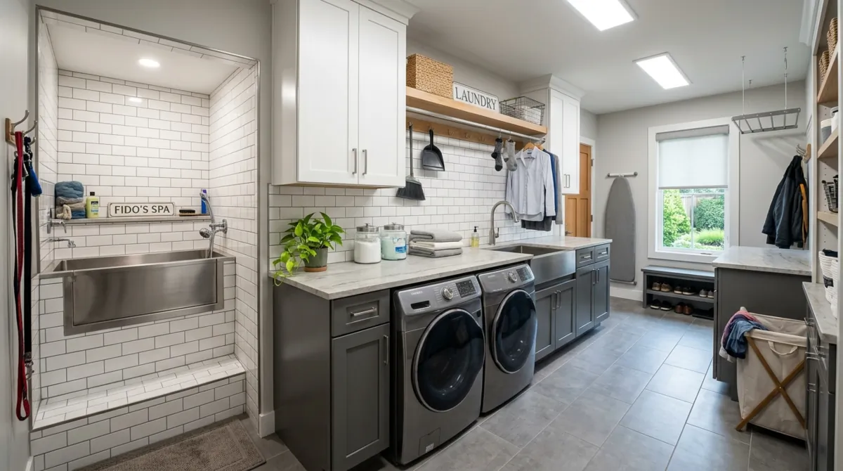Functional laundry room with built-in pet washing station, stone counters, lower cabinets, and bright task lighting.