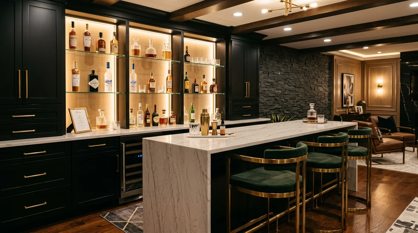 Modern basement bar with black cabinetry, marble counter, backlit glass shelves, brass stools, and warm LED lighting.