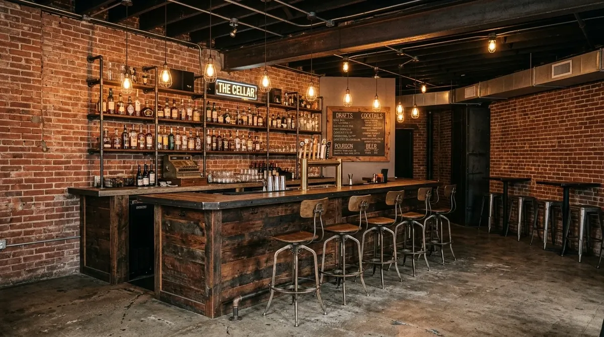 Industrial basement bar with exposed brick, reclaimed wood bar, pipe shelves, Edison pendants, and concrete flooring.
