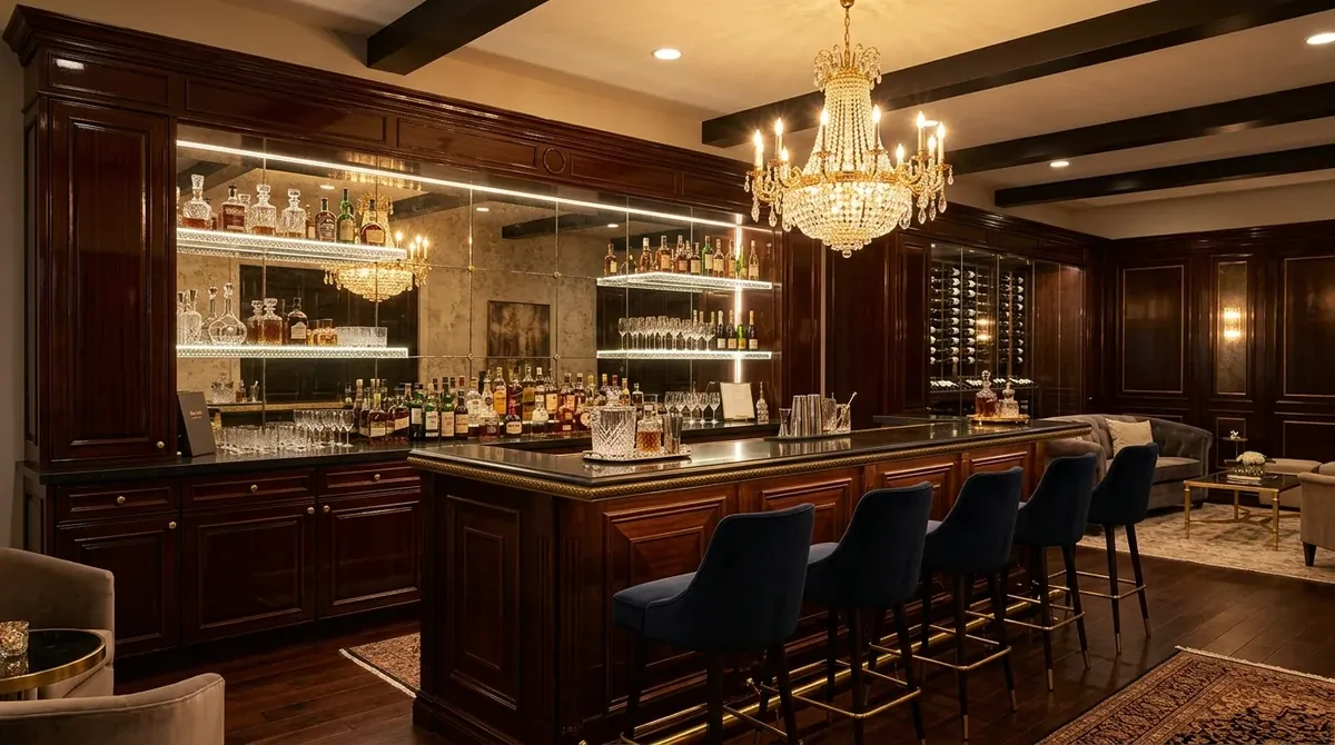 Luxury basement bar with dark wood cabinets, mirrored backsplash, crystal shelves, gold accents, and chandelier lighting.