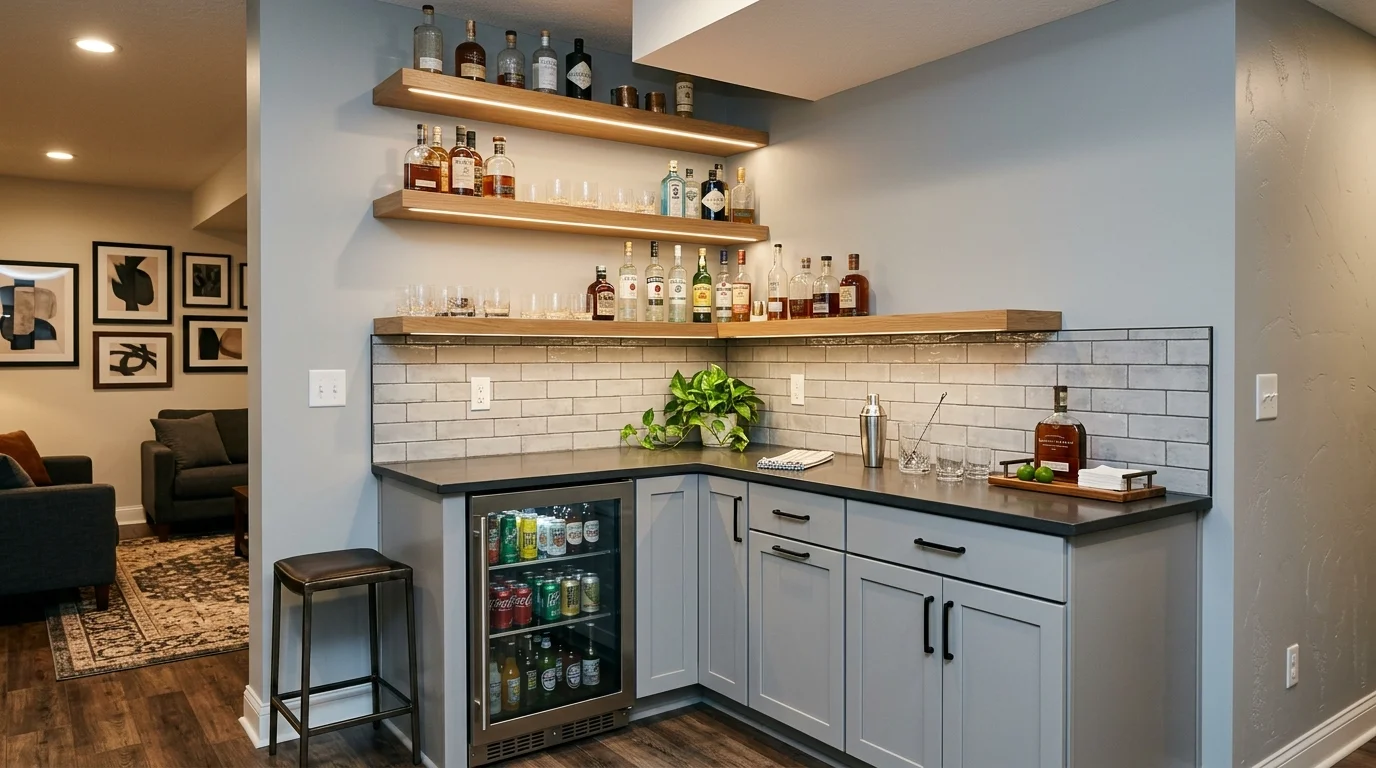 Compact basement bar nook with L-shaped counter, floating shelves, mini fridge, gray palette, and efficient modern layout.