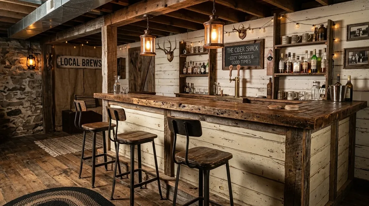 Rustic farmhouse basement bar with distressed wood, shiplap walls, vintage stools, lantern lighting, and cozy handcrafted charm.