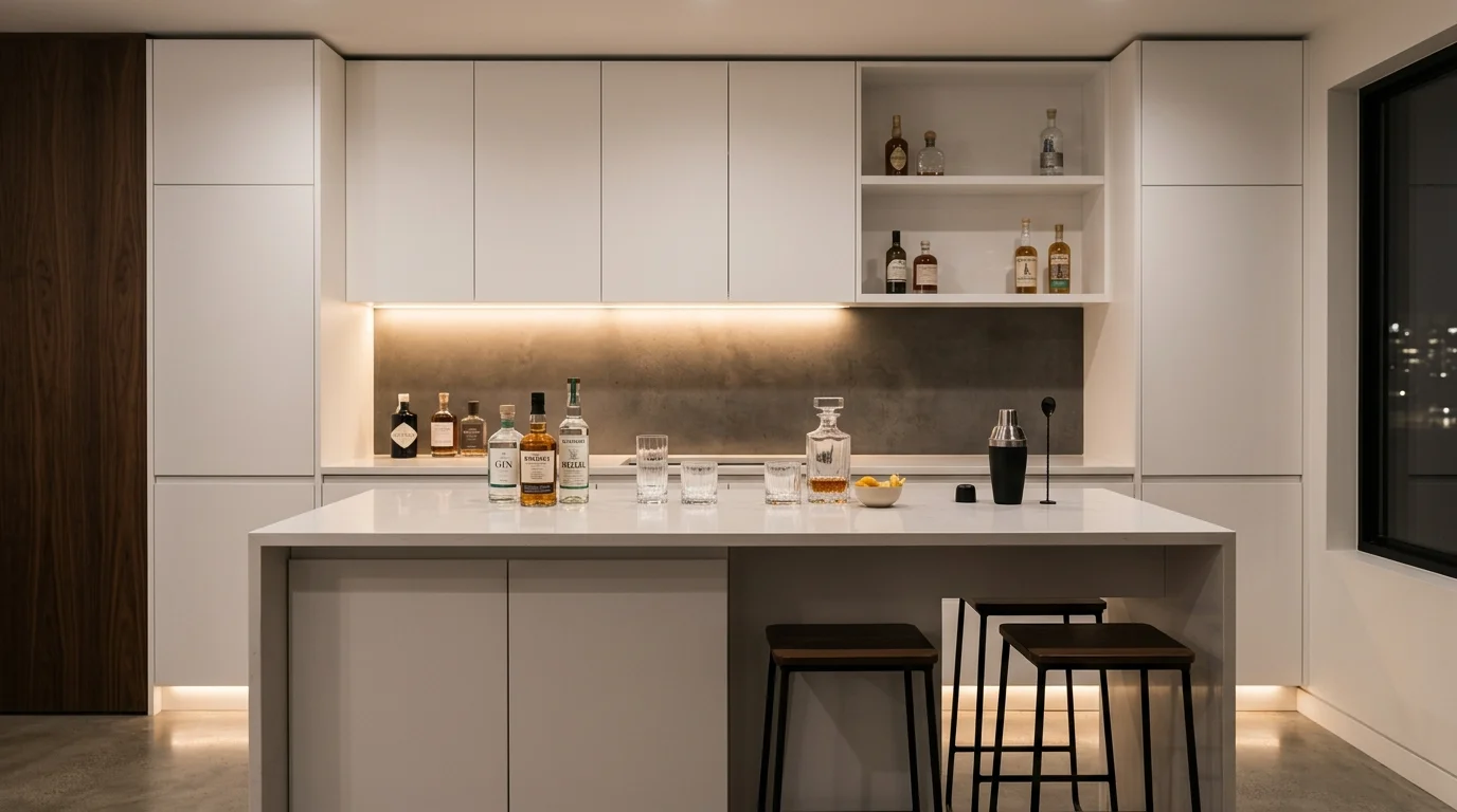 Contemporary minimalist basement bar with handleless white cabinets, quartz counter, and hidden lighting strips.