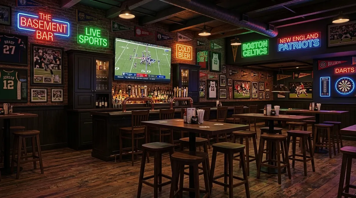 Sports-themed basement bar with TV, high-top tables, dark cabinets, neon lights, and energetic entertaining feel.