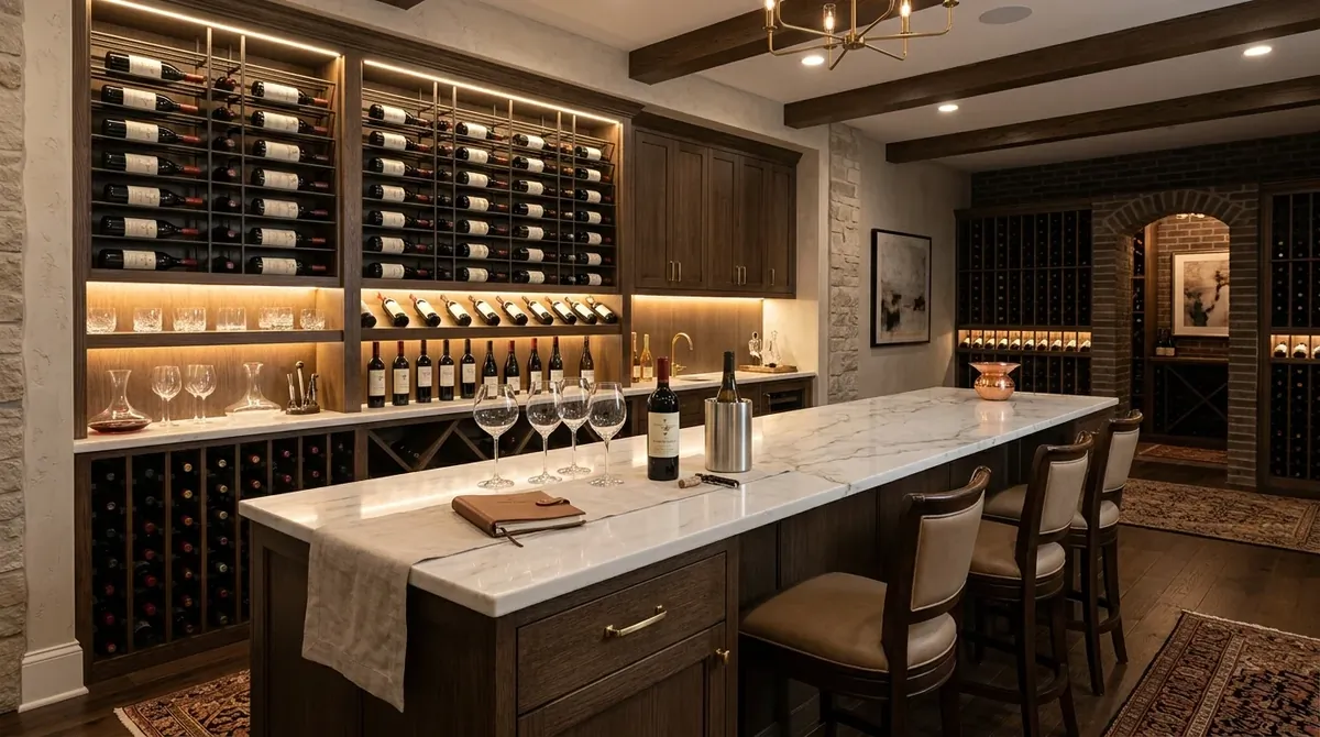 Elegant wine-focused basement bar with wine rack wall, marble tasting counter, under-cabinet lighting, and refined neutral tones.