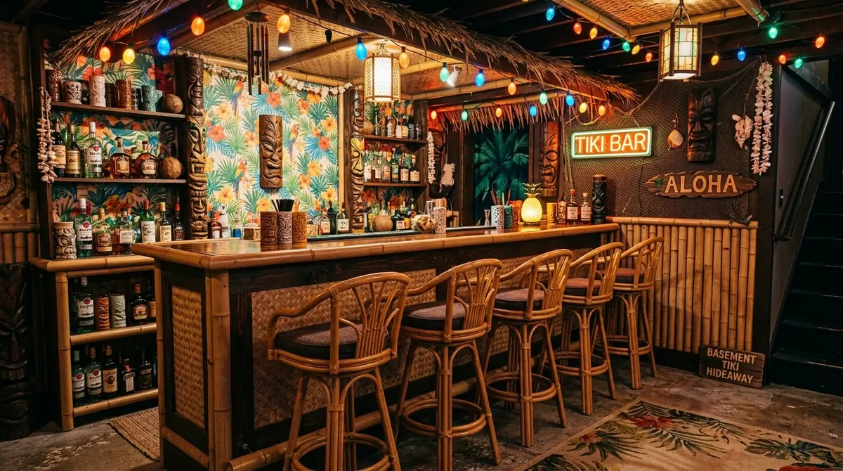 Basement tiki bar with bamboo details, tropical wallpaper, rattan stools, colorful lights, and vacation-inspired vibe.