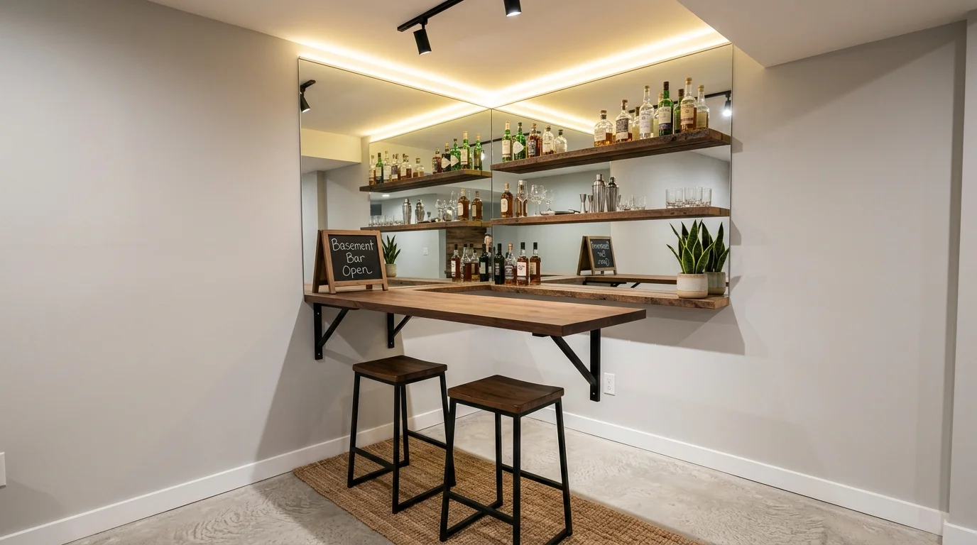 Small apartment-style basement bar with fold-out counter, compact shelves, mirrored wall, and bright modern lighting.