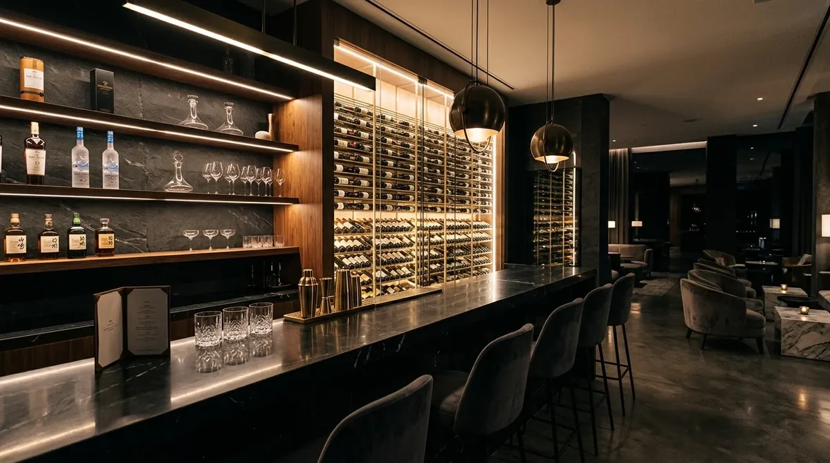 High-end modern basement bar with black stone counter, floating illuminated shelves, wine display wall, and minimalist luxury styling.