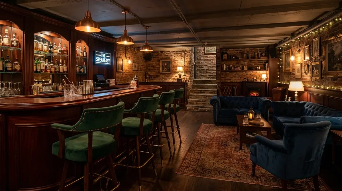 Cozy basement bar lounge with velvet stools, warm wood tones, dim ambient lighting, and intimate gathering seating.