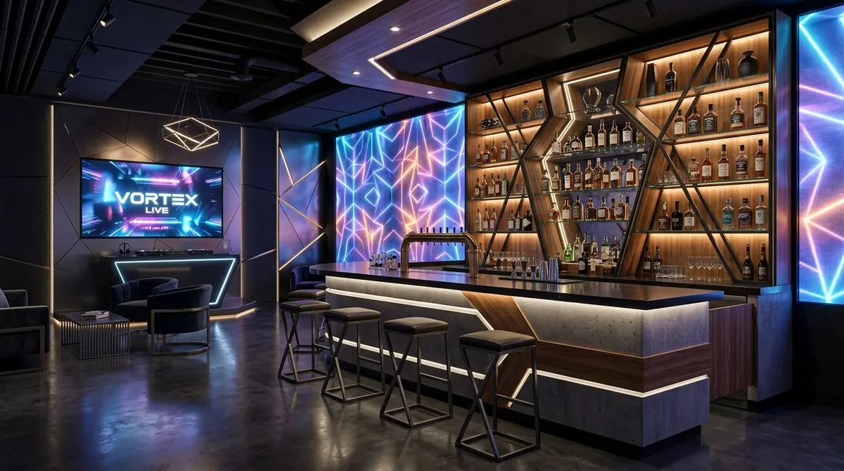 Creative basement bar with LED wall panels, geometric shelves, mixed materials, and futuristic entertainment style.