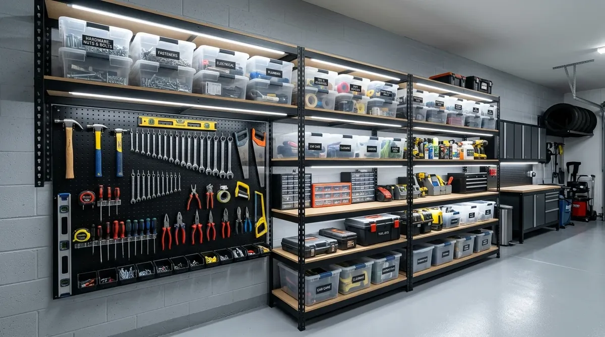 Garage storage wall with shelving, labeled bins, pegboard tools, and bright task lighting.