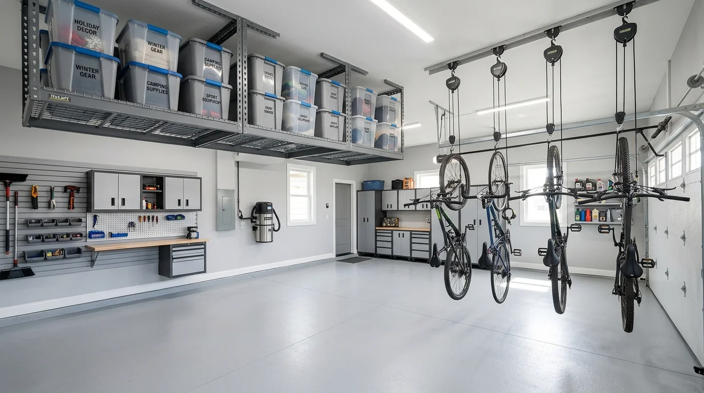 Garage with ceiling racks, lifted bikes, seasonal bins, and open floor area.