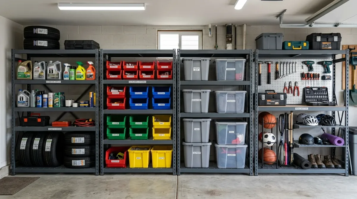 Heavy-duty steel shelving with stacked storage boxes and clear category zones.