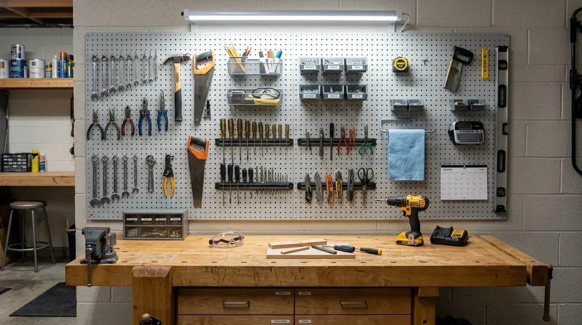 Pegboard garage organization wall above workbench with tools, hooks, baskets, and lighting.