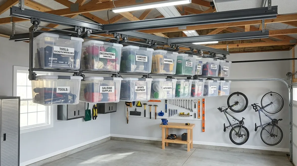 Sliding overhead garage storage rails with transparent bins and compact-space organization.