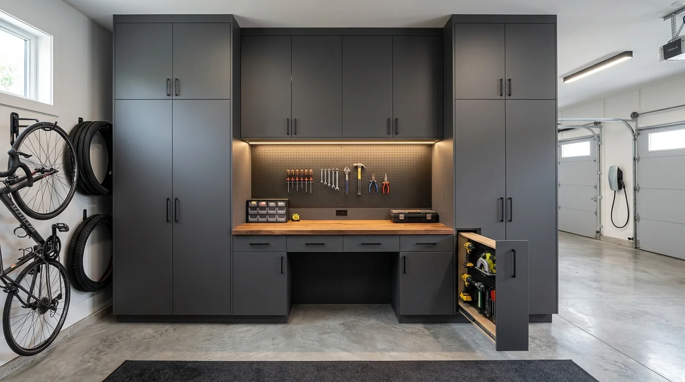 Custom built-in garage cabinetry with closed doors, integrated bench, and hidden compartments.