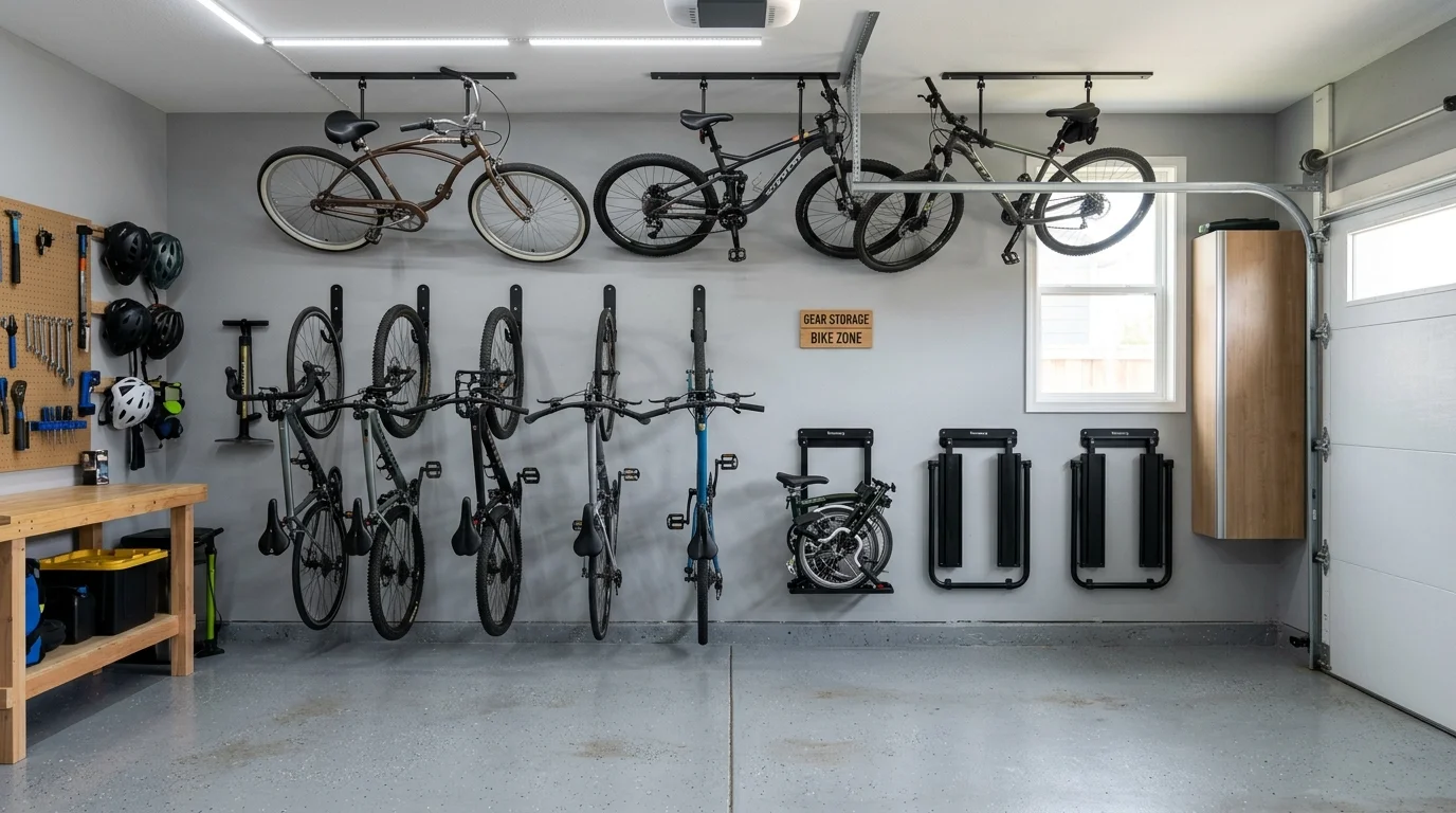 Garage bike storage with vertical wall mounts, ceiling hooks, and foldable rack system.