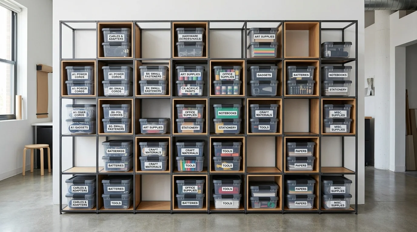 Garage cube shelving with stackable bins, labeled compartments, and flexible modular layout.