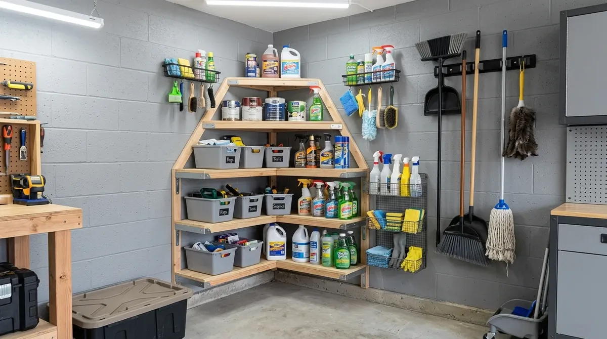 Garage corner storage with angled shelving, broom holders, cleaning racks, and compact layout.
