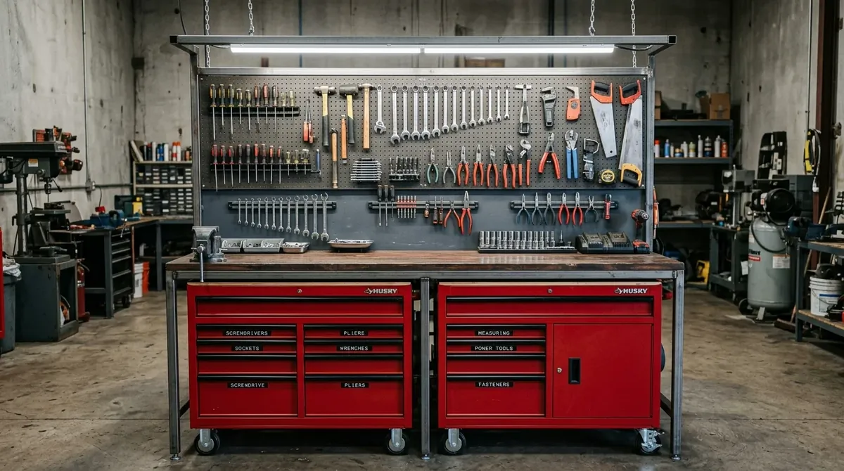 Garage tool station with rolling cabinet drawers, magnetic strips, pegboard, and bright lights.