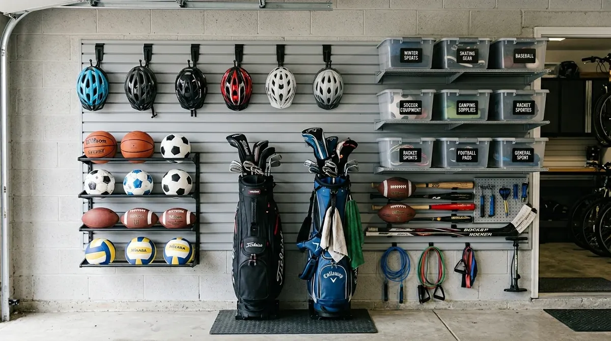 Sports gear garage wall with helmet hooks, ball rack, golf storage, and labeled bins.