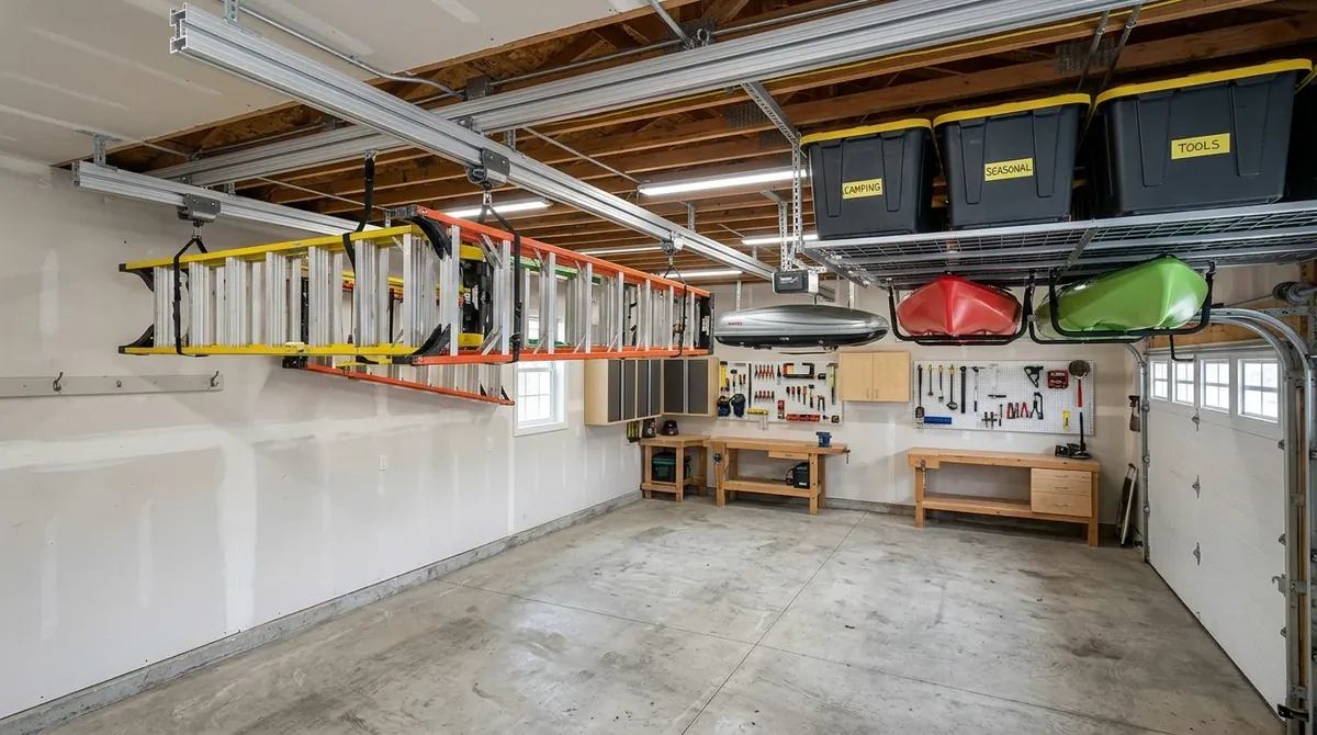 Garage ceiling rail system storing ladders and bulky items above an uncluttered floor.