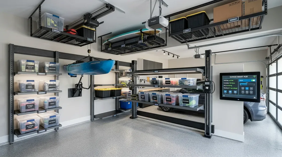 Smart garage storage with automated lift shelves, digital labels, and motorized overhead racks.