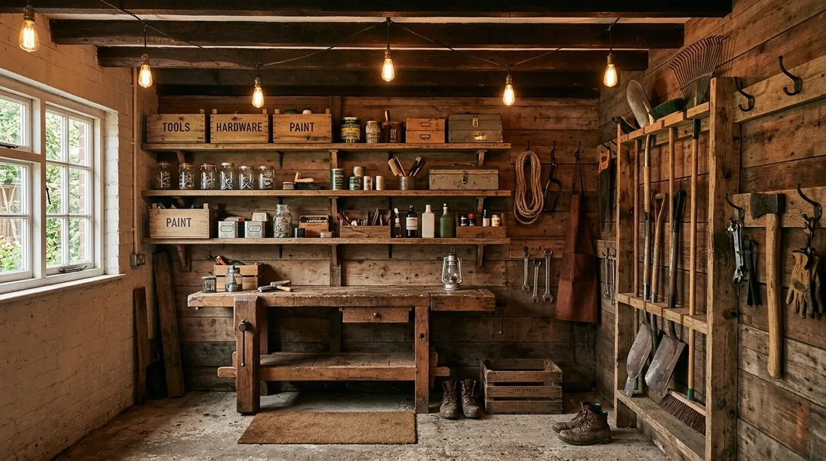 Rustic garage storage with wood shelves, reclaimed racks, metal hooks, and warm lighting.
