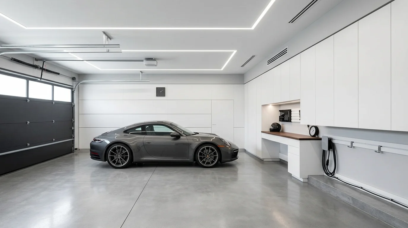 Minimal garage with white cabinetry, hidden wall panels, and uncluttered storage design.
