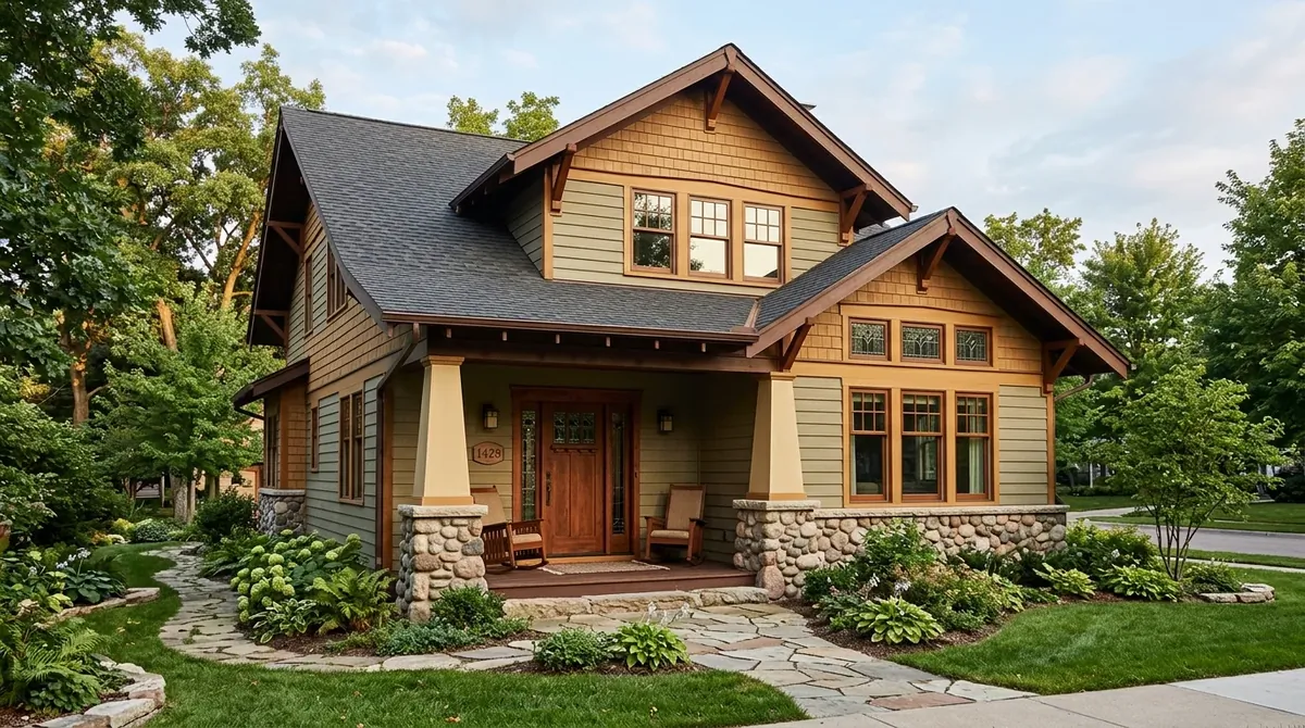 Classic Craftsman house with low gabled roof, tapered porch columns, and warm earth-toned siding.