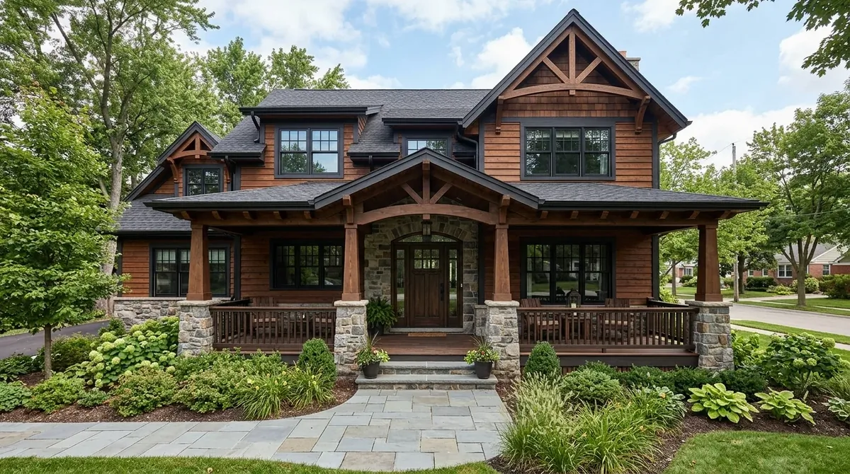 Modern Craftsman exterior with wood and stone facade, wide porch, and black-framed windows.