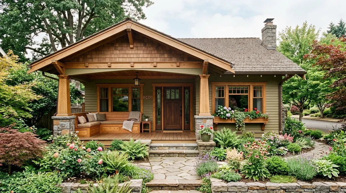 Cozy Craftsman bungalow with deep porch, built-in bench, shingled accents, and lush garden.