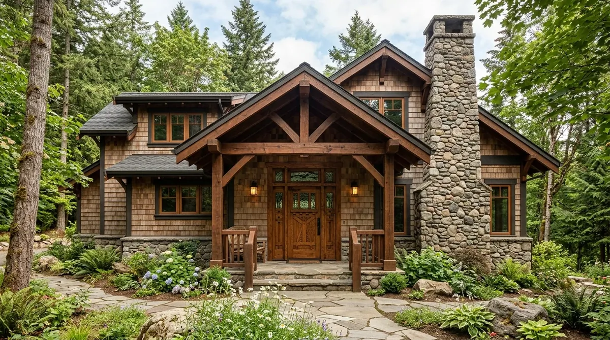 Rustic Craftsman home with cedar siding, stone chimney, timber beams, and handcrafted wood door.