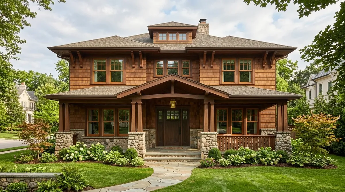Elegant Craftsman exterior with decorative brackets, multi-pane windows, and stained wood details.