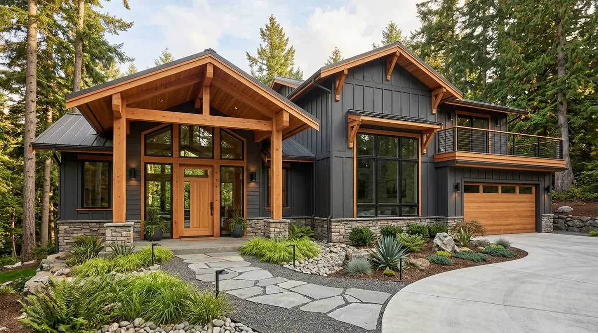 Contemporary Craftsman home with dark siding, natural wood accents, and large windows.
