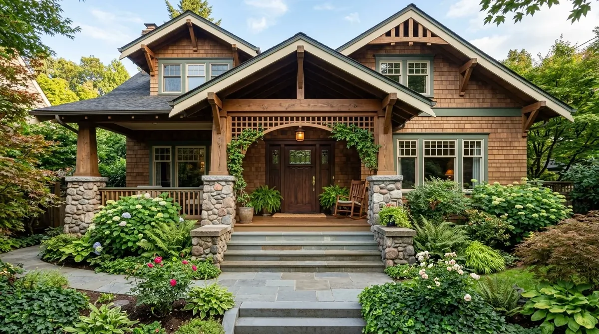 Traditional Craftsman with wide staircase, stone porch columns, detailed woodwork, and framed front entry.