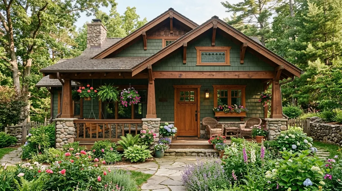 Craftsman cottage with green siding, exposed beams, flowers on porch, and stone foundation.