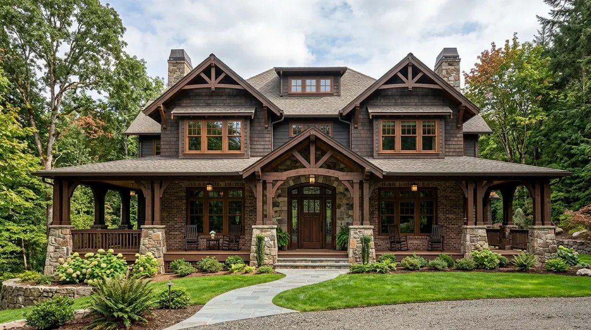 Luxury Craftsman home with wraparound porch, wood detailing, and stone-and-brick exterior.