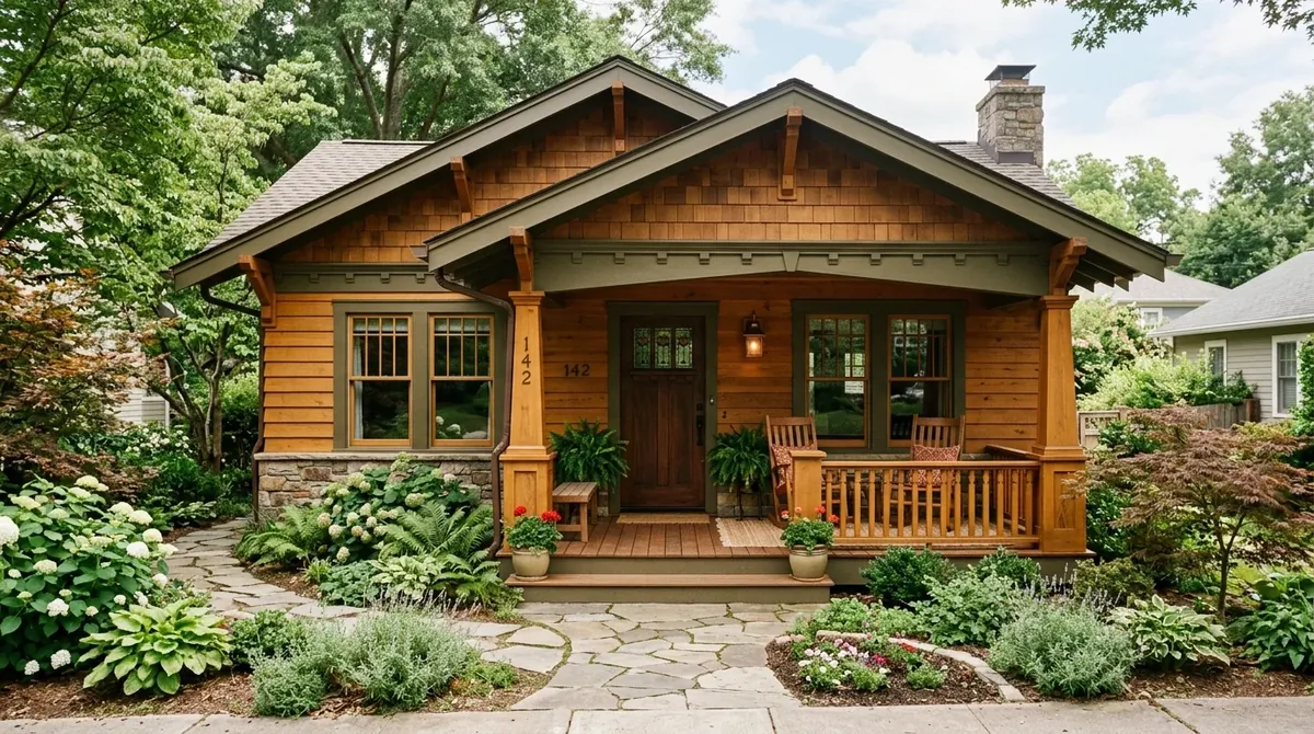 Small Craftsman-style home with compact footprint, trim details, warm wood tones, and cozy porch.