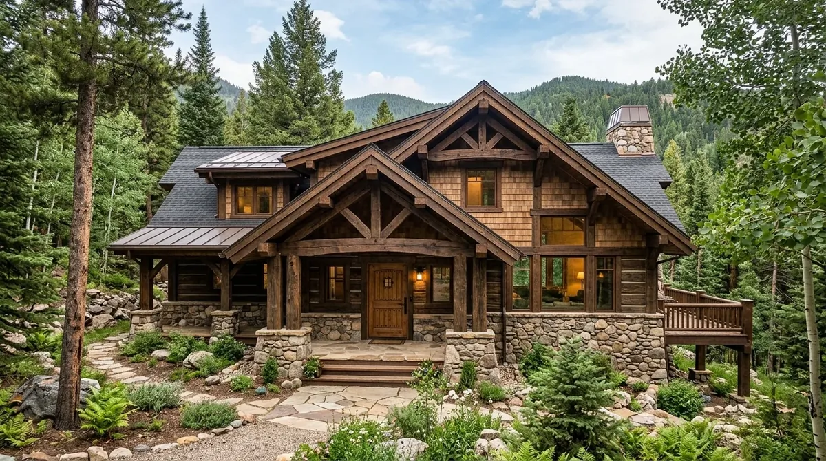Mountain Craftsman home with heavy timber structure, stone base, sloped rooflines, and woodland setting.