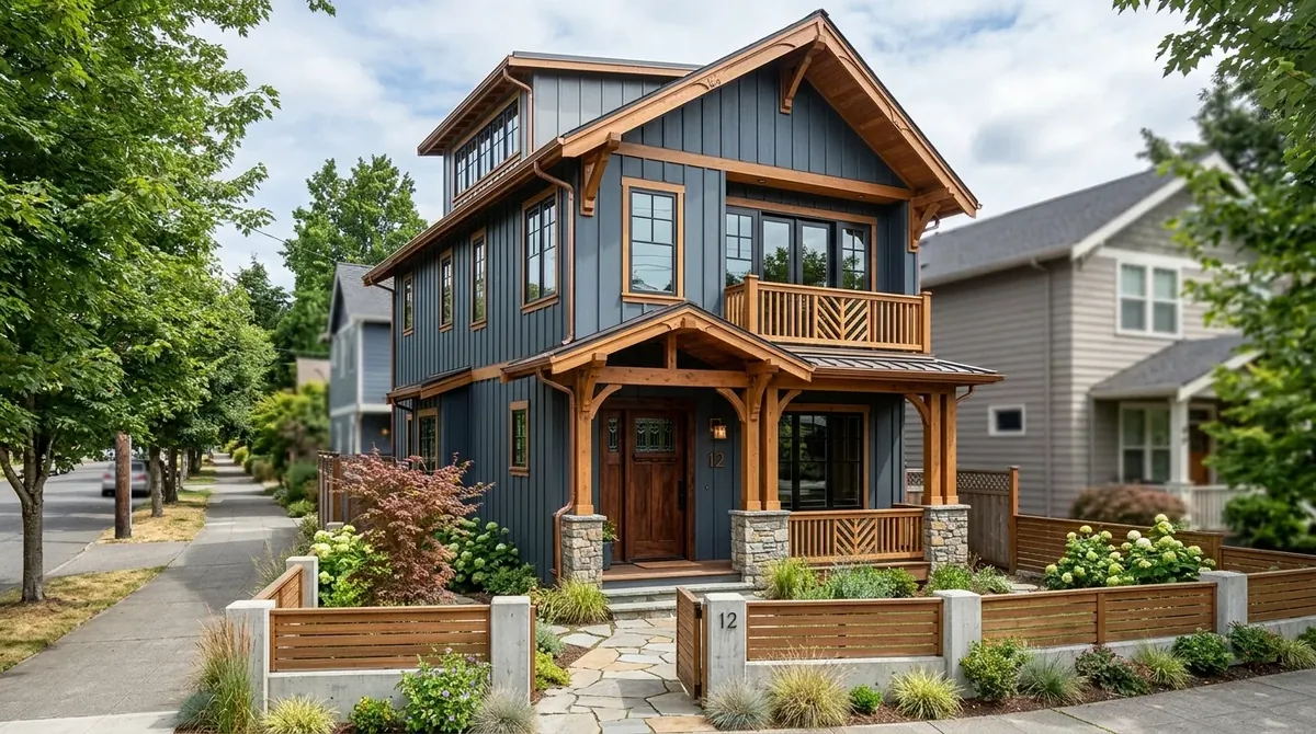 Urban Craftsman home on a narrow lot with vertical siding, artistic wood details, and modern touches.
