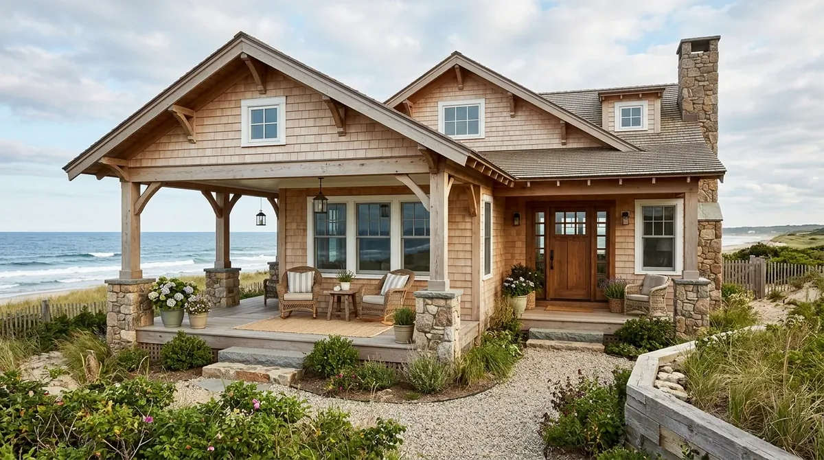 Coastal Craftsman house with light wood siding, airy porch, stone accents, and soft neutral palette.