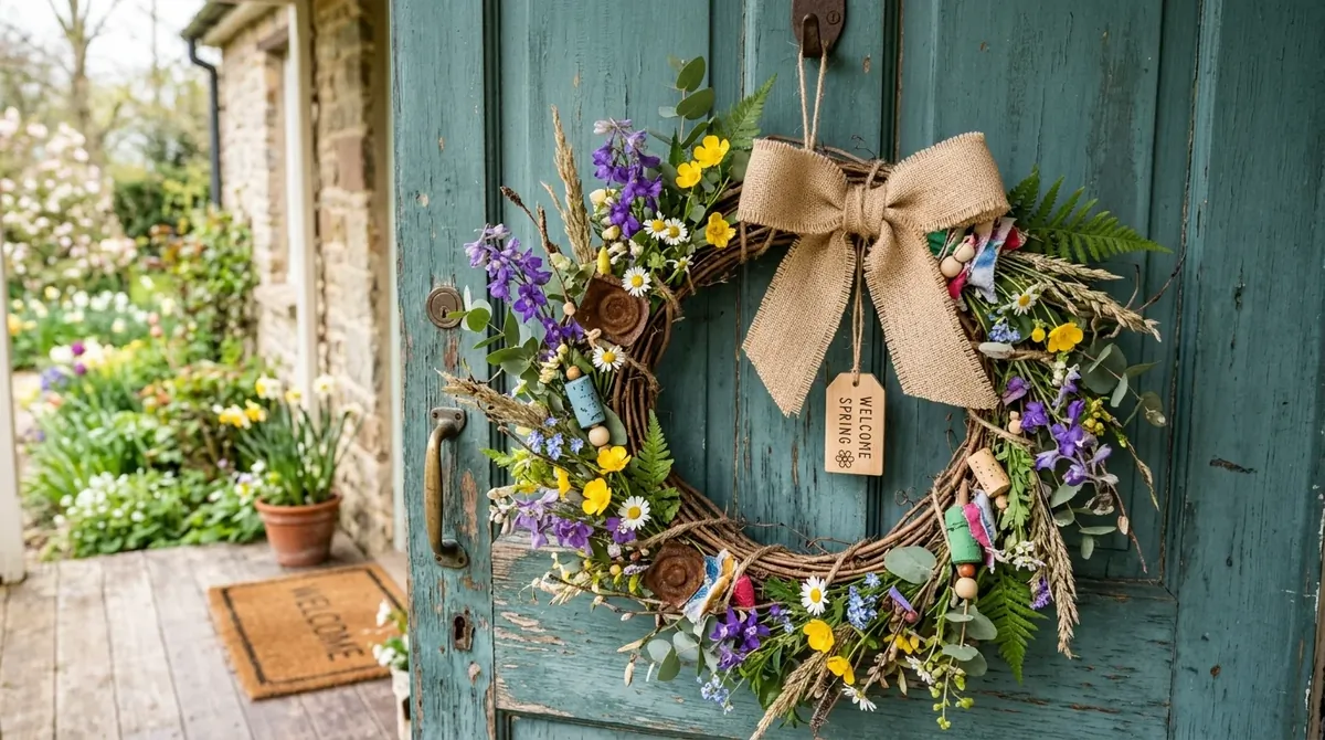 Spring wreath made with bright tulips and fresh greenery on a welcoming front door.